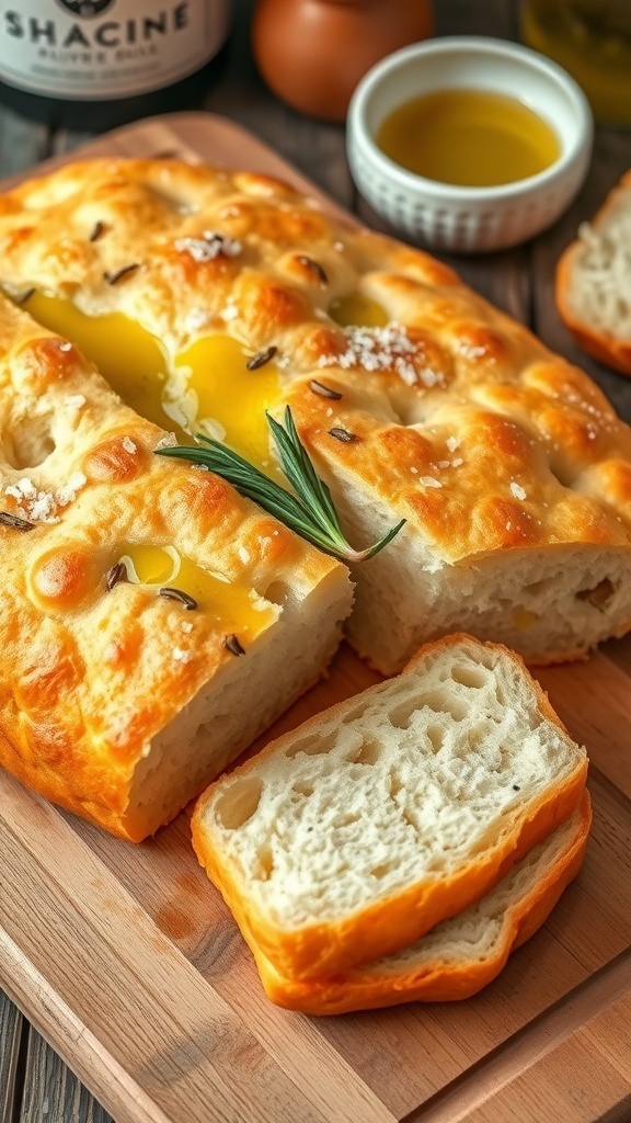 Quick Focaccia Bread Recipe Golden focaccia bread with rosemary and sea salt on a wooden board, sliced to show its fluffy interior.